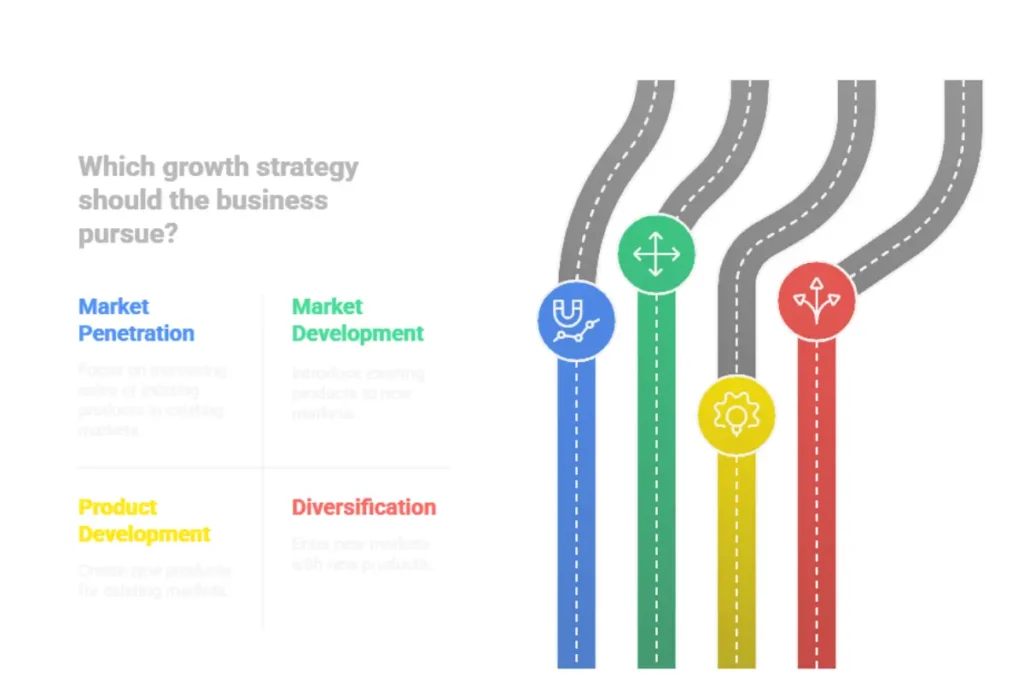 Ansoff Matrix diagram showing how to understand, analyze, apply, and compare growth strategies